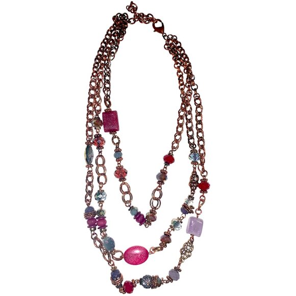 Three Chain Necklace Maroon & Purple Sparkly Assorted Dynamic Beads - Picture 5 of 5